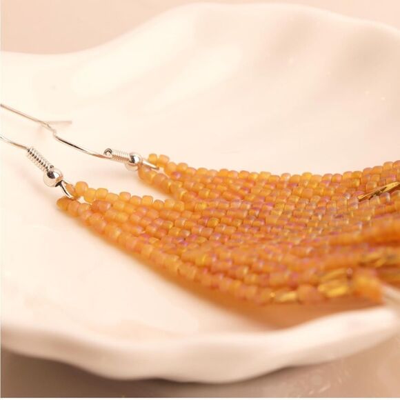 Orange Bohemian Seed Bead Tassel Dangling Statement French Wire Hook Earrings - Picture 3 of 7